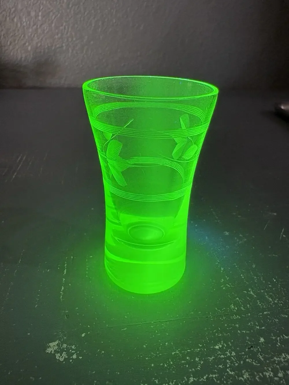 Vintage Uranium Glass Shot Glass Art Deco Etched Green Vaseline Glass 1930s
